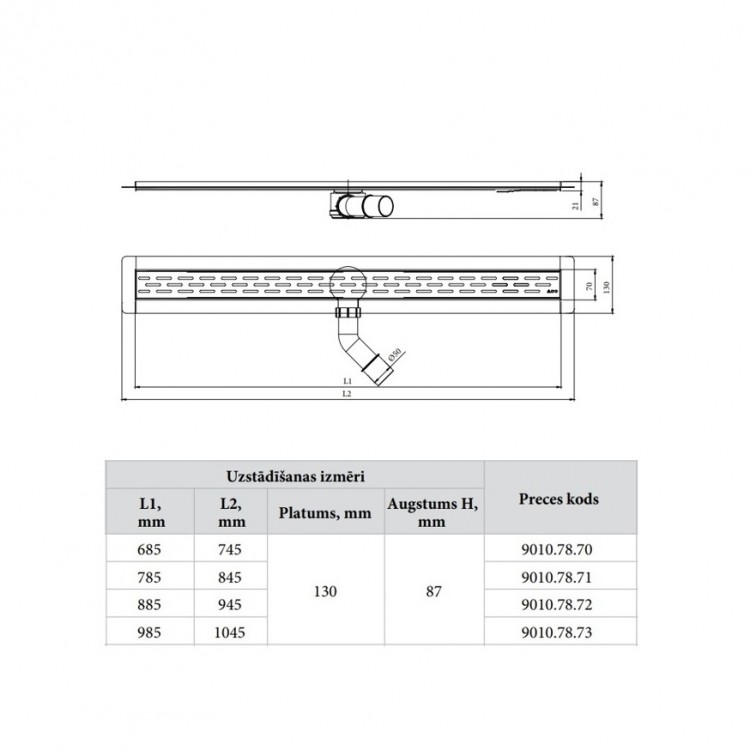 Dušas kanāls ar resti ACO ShowerDrain B 985mm, h-87mm, 9010.78.73 Dušas kanāls ar resti ACO ShowerDrain B 985mm, h-87mm, 9010.78.73