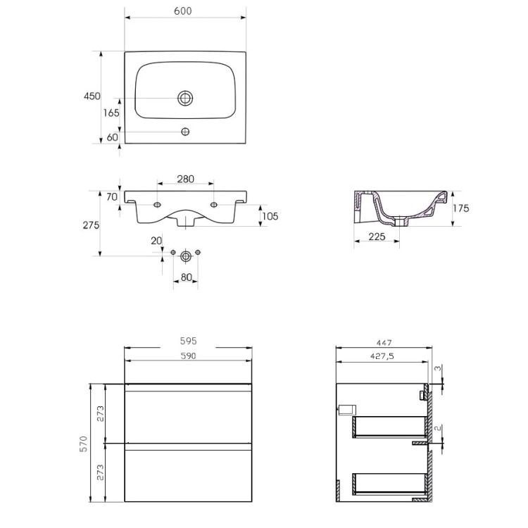 Vannas istabas skapītis ar izlietni Cersanit Moduo 60x45cm, antracīts