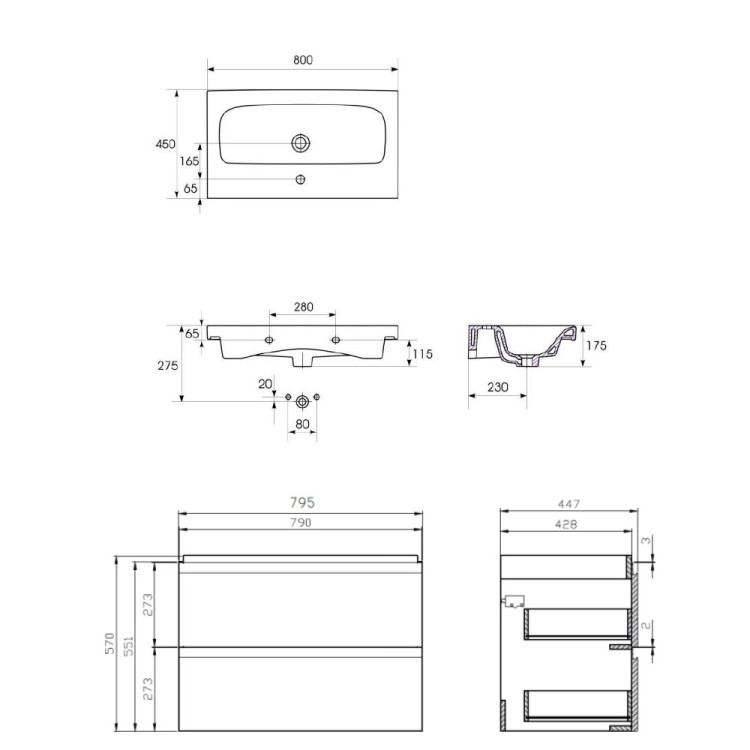Vannas istabas skapītis ar izlietni Cersanit Moduo 80x45cm, pelēks