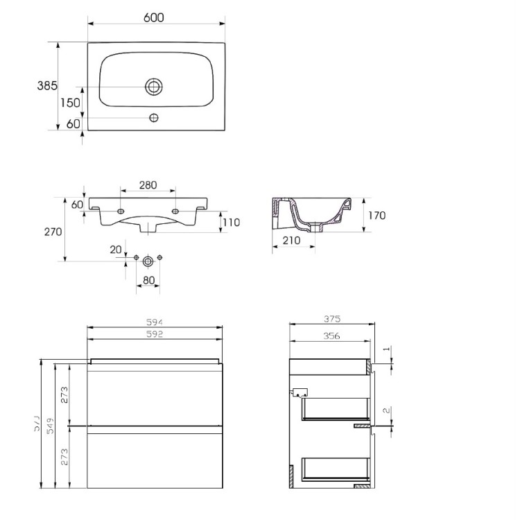 Vannas istabas skapītis ar izlietni Cersanit Moduo Slim 60x38cm, balts