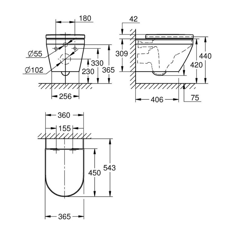 Tualetes pods piekaramais Grohe Euro Ceramic Rimless Triple Vortex ar Soft Close vāku, 102510SH00