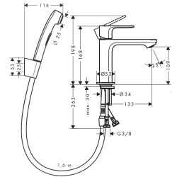 Izlietnes maisītājs ar bidetta rokas dušu Hansgrohe Rebris S 110, 72215000