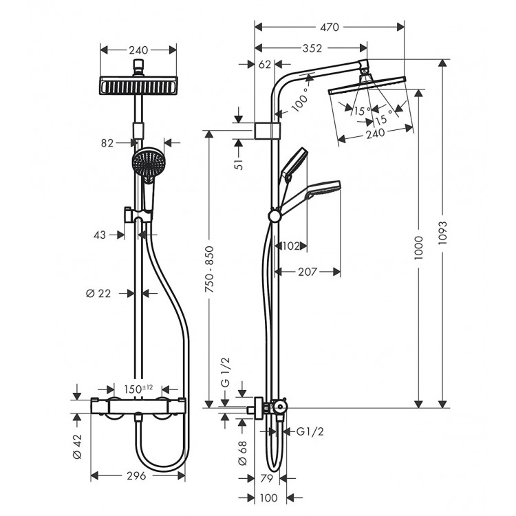 Termostata dušas sistēma Hansgrohe Crometta E 240 termosta, 26785000 Termostata dušas sistēma Hansgrohe Crometta E 240 termosta, 26785000