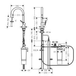 Virtuves izlietnes maisītājs ar filtrēšanas sistēmu 210 un izvelkamu izteku Hansgrohe  Aqittura M91, sBox,76800000