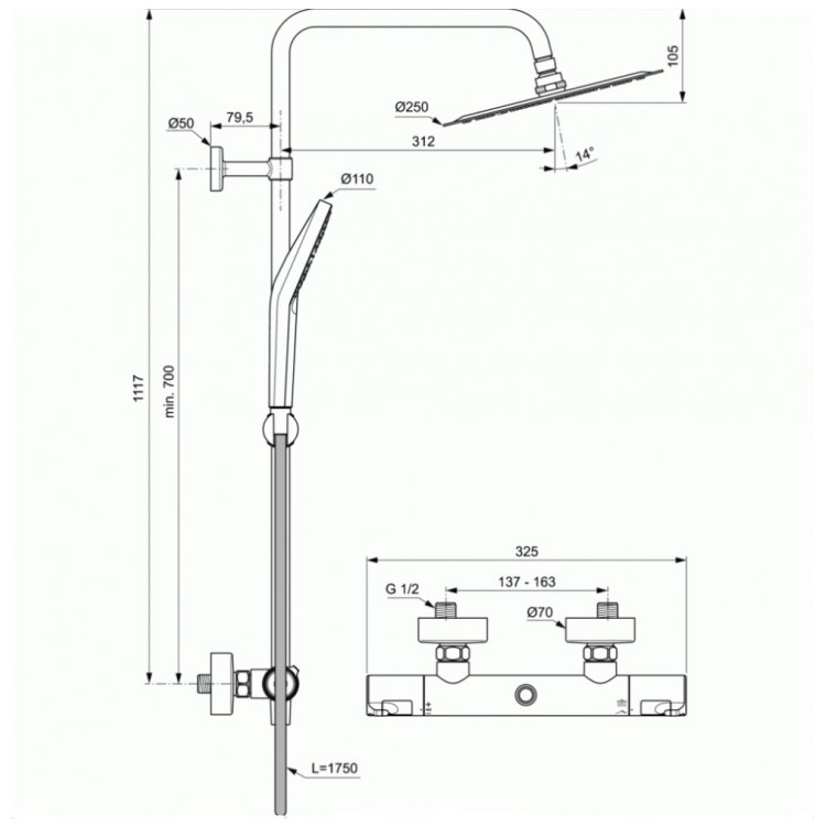Termostata dušas sistēma Ideal Standard Ceratherm T50, A7565AA Termostata dušas sistēma Ideal Standard Ceratherm T50, A7565AA