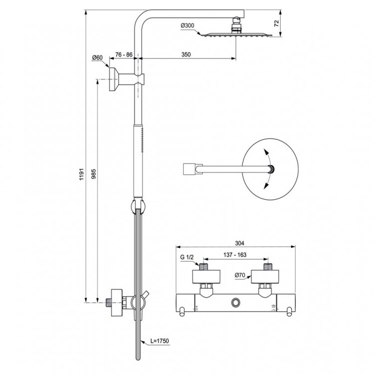 Termostata dušas sistēma Ideal Standard Ceratherm T125, A7589A2 Termostata dušas sistēma Ideal Standard Ceratherm T125, A7589A2