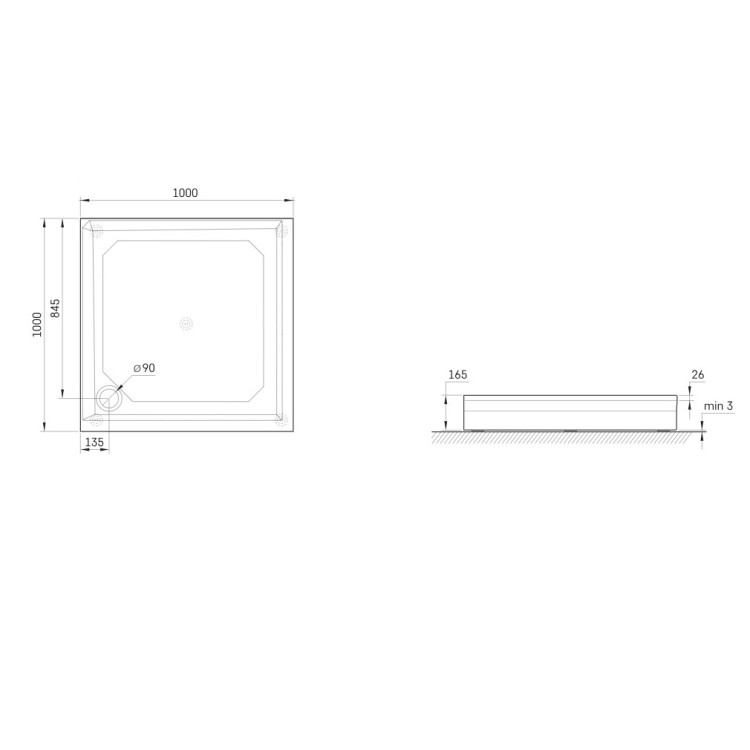 Dušas paliktnis kvadrātveida PAA Classic KV100 1000x1000 Dušas paliktnis kvadrātveida PAA Classic KV100 1000x1000