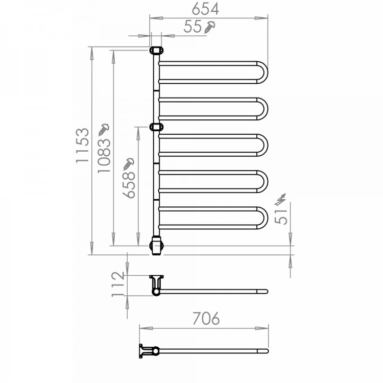 Elektriskais dvieļu žāvētājs PAX Flex U 5/650 106W, hroms Elektriskais dvieļu žāvētājs PAX Flex U 5/650 106W, hroms
