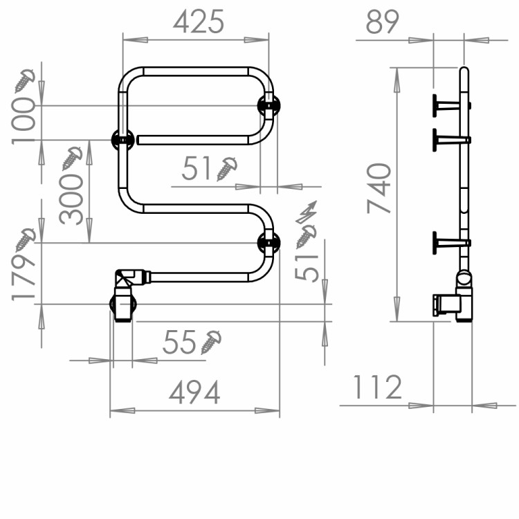 Elektriskais dvieļu žāvētājs PAX TR65 Momento II Lite 42W, nerūsējošais tērauds