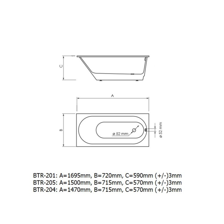 Taisnstūra vanna Polycer Compactino 1470x715, BTR-204