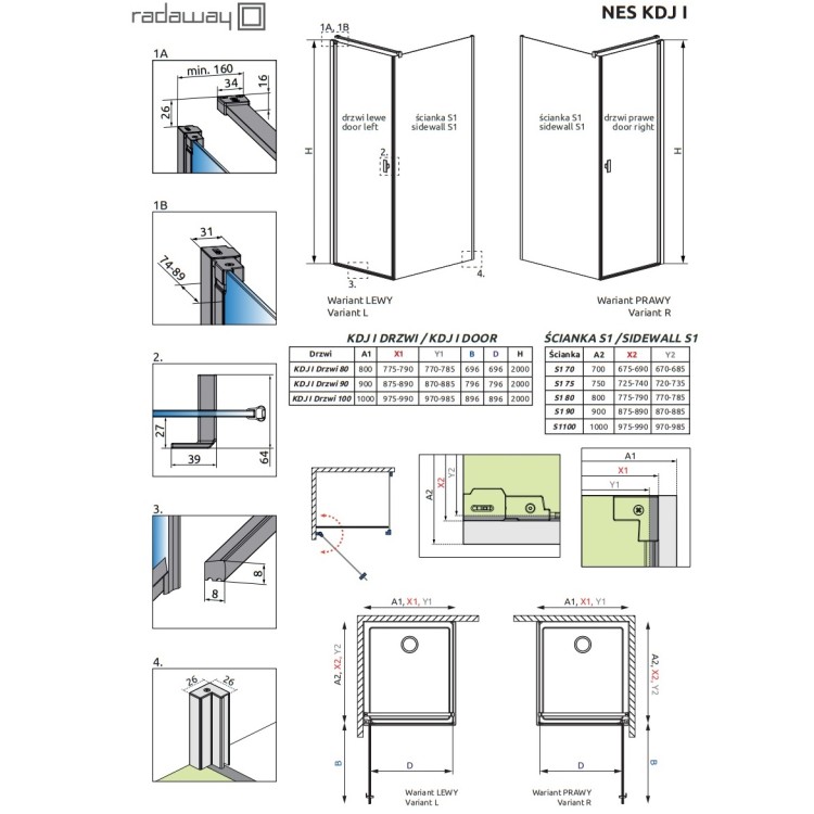 Dušas stūris kvadrātveida Radaway NES KDJ I 80L x 80 cm, hroms