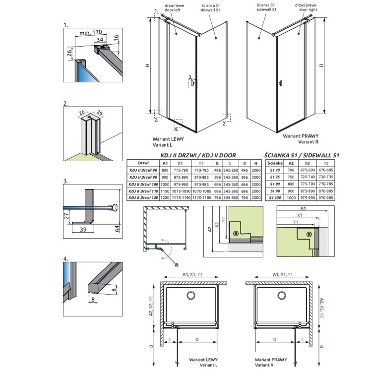 Dušas stūris taisnstūra Radaway NES KDJ II L + S1 120x100 cm