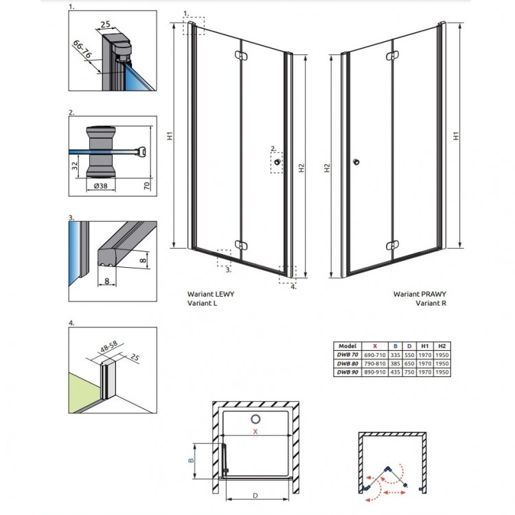 Dušas durvis saliekamās Radawy Eos DWB 80 cm, R Dušas durvis saliekamās Radawy Eos DWB 80 cm, R