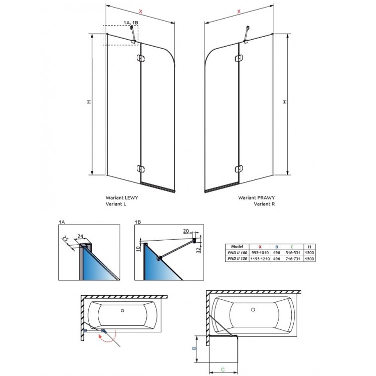Vannas sieniņa Radaway Torrenta PND II L/R 100