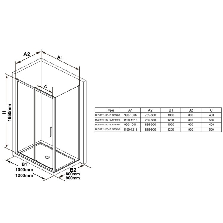 Dušas stūris taisnstūra Ravak Blix Slim BLSDP2+BLSPS 100x80cm, melns matēts