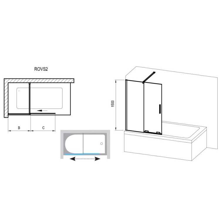 Vannas sieniņa ar bīdāmām durvīm Ravak Roll ROVS2-110, hroms