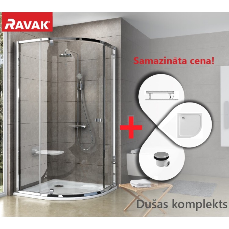 Dušas stūra komplekts pusapaļš RAVAK PSKK3-90 90x90cm ar paliktni, satīns