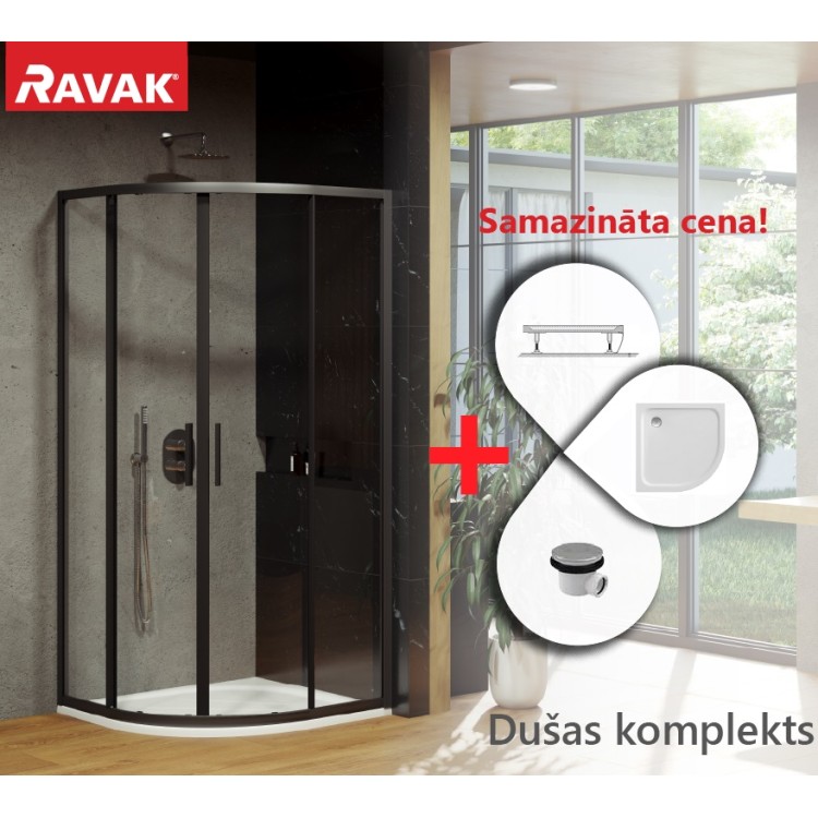 Dušas stūra komplekts pusapaļš RAVAK Blix Slim BLSCP4 90x90cm ar paliktni, melns