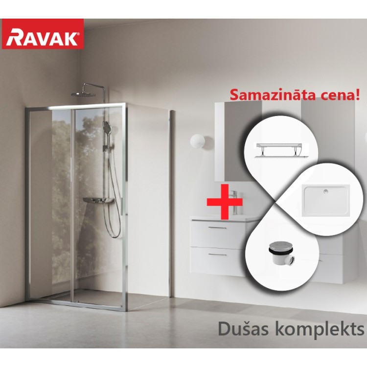 Dušas stūris taisnstūra Komplekts RAVAK Blix II NBLDP2+NBLPS 100x80 cm ar paliktni, spīdīgs