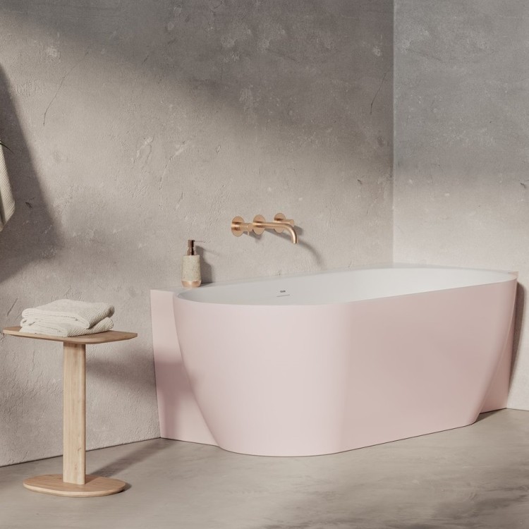 Brīvi stāvoša vanna Ravak FREEDOM Corner II TEC 175x86 R cm, rozā/balts, noteces vāks balts