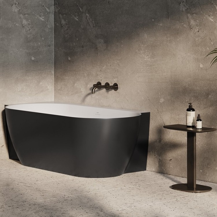 Brīvi stāvoša vanna Ravak FREEDOM Corner II TEC 175x86 L cm, melns/balts, noteces vāks melns