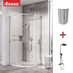 Dušas stūris pusapaļš RAVAK Blix Slim BLSCP4 90x90cm komplektā ar dušas sistēmu TD F 091.20BL