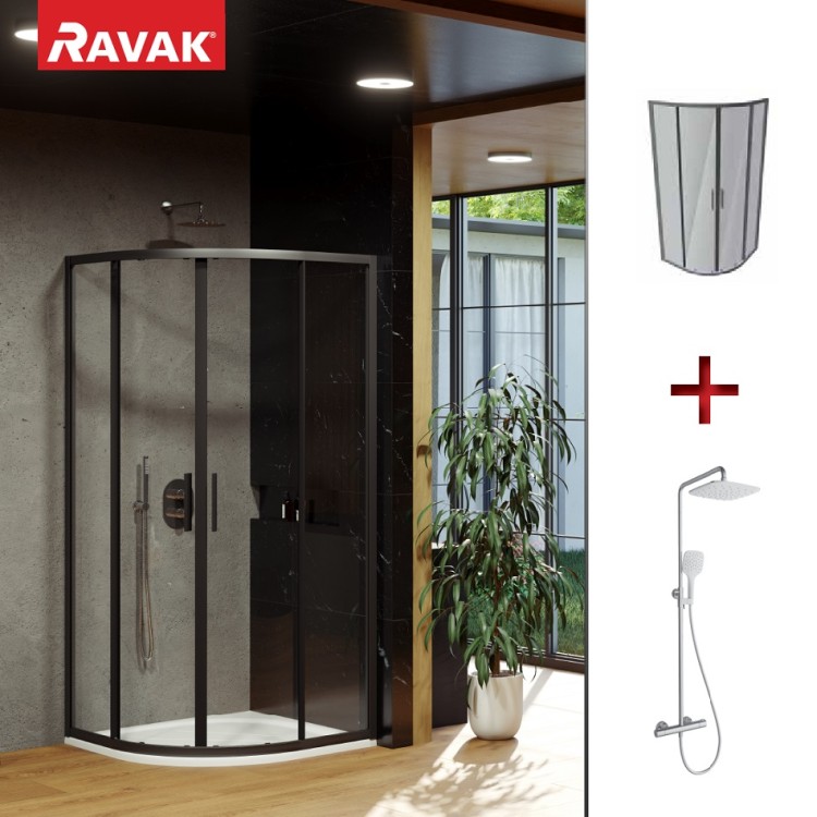 Dušas stūris pusapaļš RAVAK Blix Slim BLSCP4 90x90cm komplektā ar termostata dušas sistēmu TE 093.01CR/WH