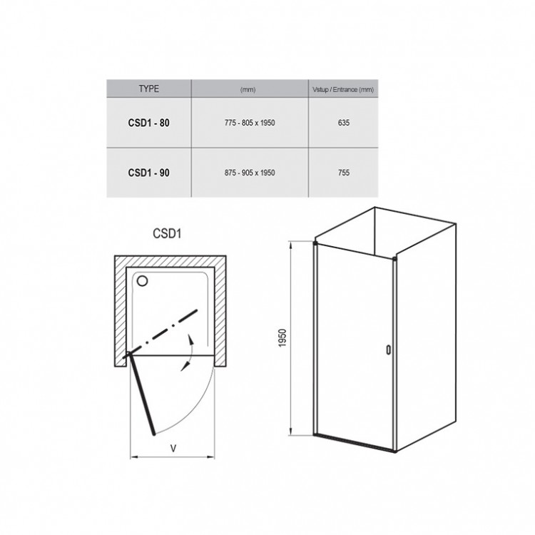 Dušas durvis RAVAK Chrome CSD1 80 cm, satīns