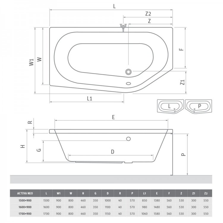Stūra vanna Roltechnik ACTIVA NEO 170x90 cm
