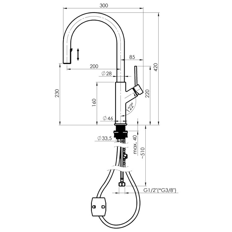 Virtuves izlietnes maisītājs ar izvelkamu izteku Rubineta Bona 33 PO, hroms