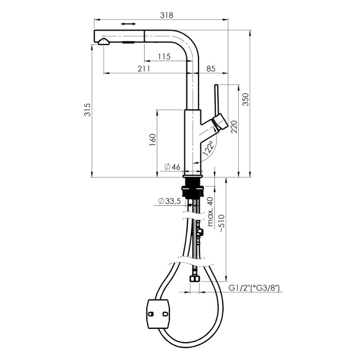 Virtuves izlietnes maisītājs ar izvelkamu izteku Rubineta Bona-35 PO, melns matēts
