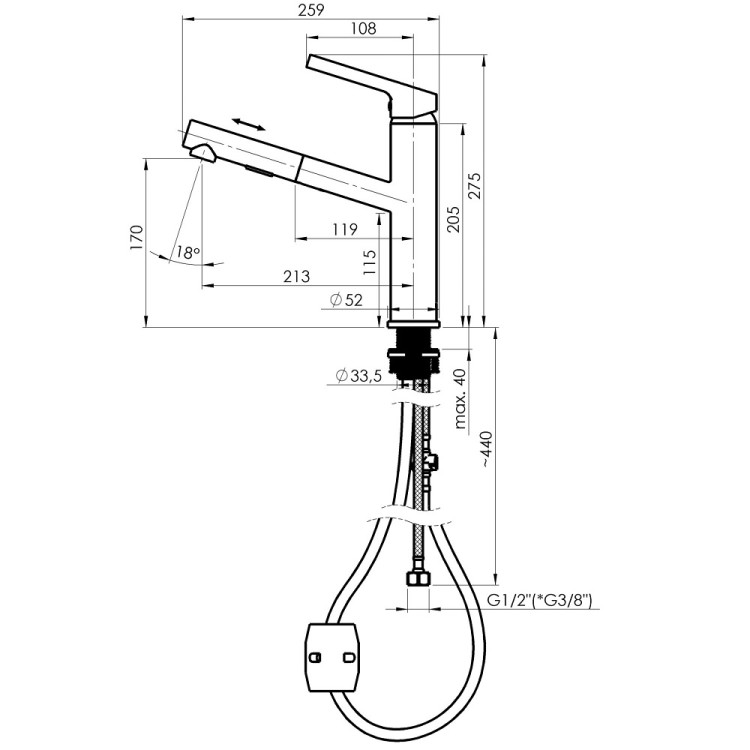 Virtuves izlietnes maisītājs ar izvelkamu izteku Rubineta Bruno-21 PO, hroms