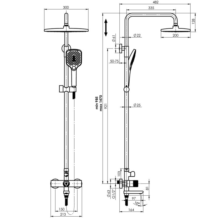 Vannas/dušas sistēma Veneto + Easy Push-10 ar izteku, Hroms