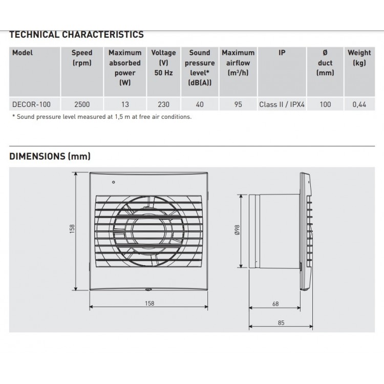 Sadzīves ventilators S&P DECOR 100C, pretvārsts Sadzīves ventilators S&P DECOR 100C, pretvārsts