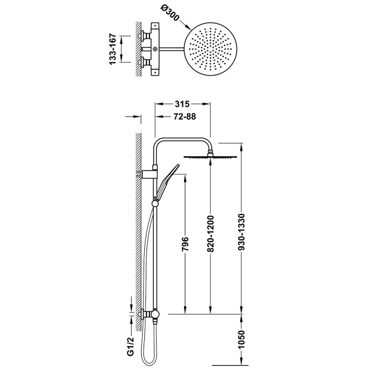 Dušas sistēma TRES LOFT Duo-confort  ar stacionāro un rokas dušu, melns matēts 22219901NM