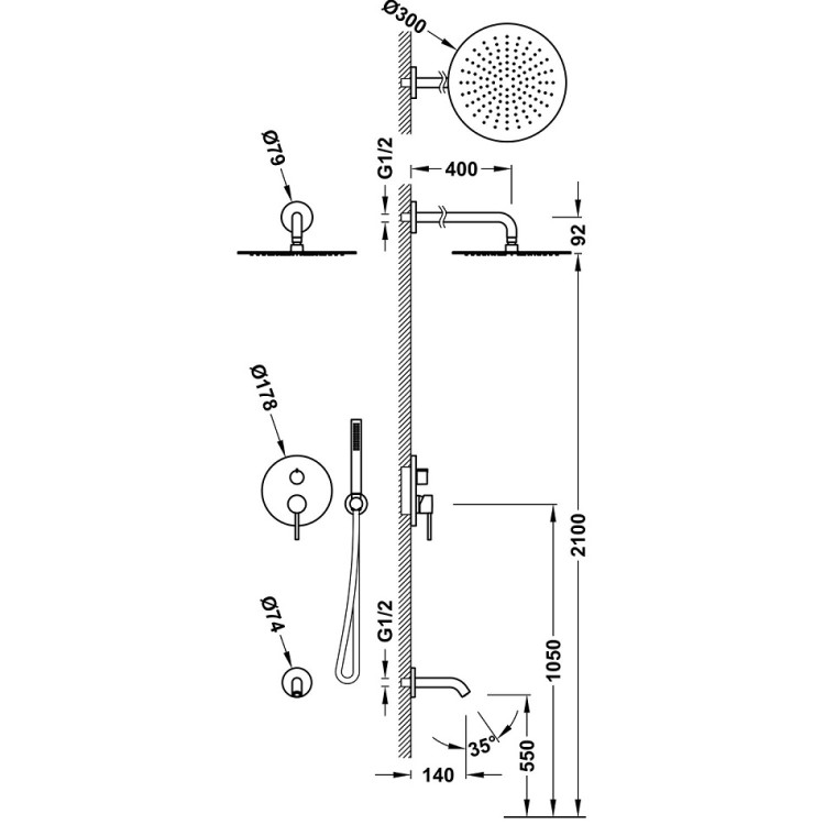3-virzienu iebūvējamais vannas un dušas maisītājs TRES Study Rapid-Box, melna metālika