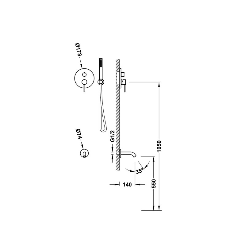 2-virzienu iebūvējamais vannas un dušas maisītājs TRES Study ar stacionāro un rokas dušu Rapid-Box, 26238006OM