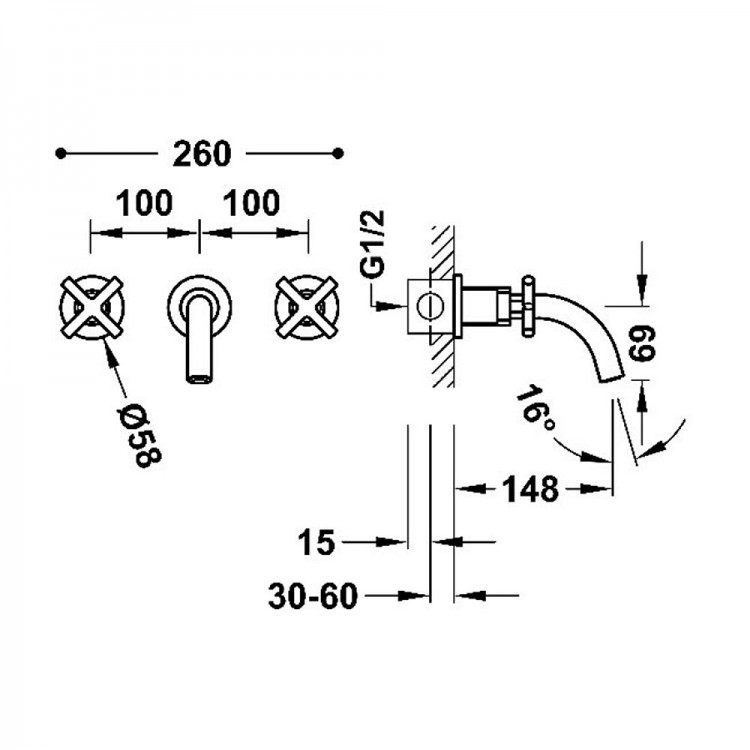 Izlietnes maisītājs no sienas TRES MONT BLANC, tērauds 28330001AC