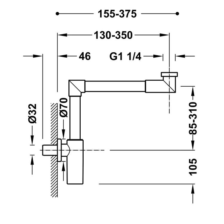 TRES Teleskopisks izlietnes sifons ar nobīdi 1 1/4x32, hroms