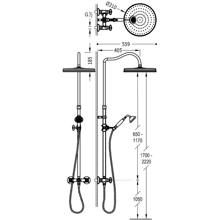 Dušas sistēma TRES Clasic, matēts vecināts misiņš 24219102LM