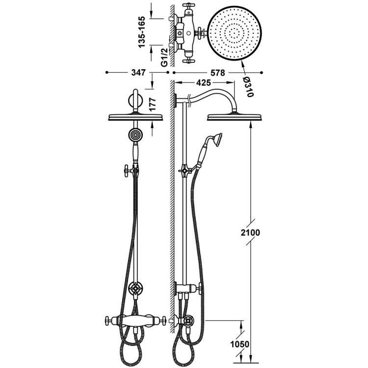 Termostata dušas sistēma TRES CLASIC, matēts vecināts misiņš 24219501LM