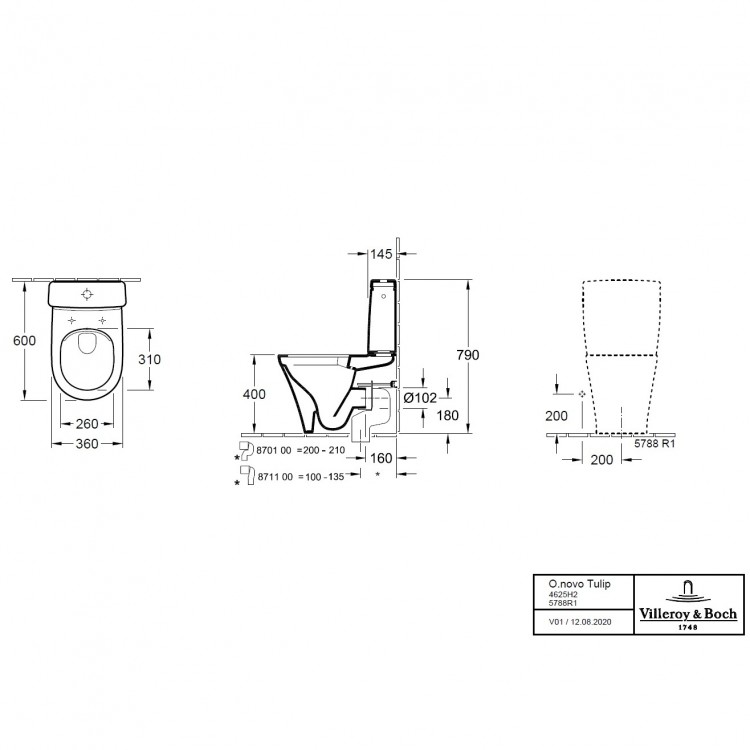 Tualetes pods Villeroy&Boch O.Novo Compact Rimless poda ar Soft Close vāku, 4625H201 Tualetes pods Villeroy&Boch O.Novo Compact Rimless poda ar Soft Close vāku, 4625H201
