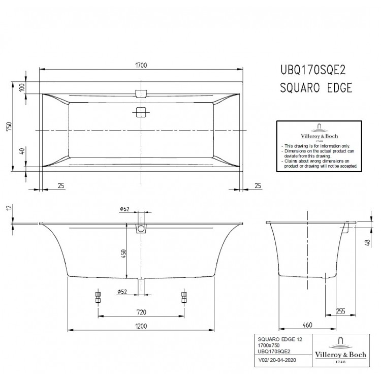 Taisnstūra vanna Villeroy & Boch Squaro Edge 12 Duo 170x75 cm, ar kājām un sifonu