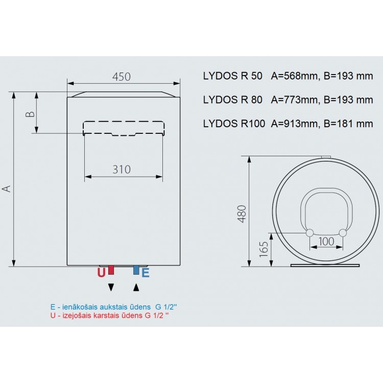 Elektriskais ūdens sildītājs (boileris) Ariston LYDOS R 100 L vertikāls, 320191 Elektriskais ūdens sildītājs (boileris) Ariston LYDOS R 100 L vertikāls, 320191