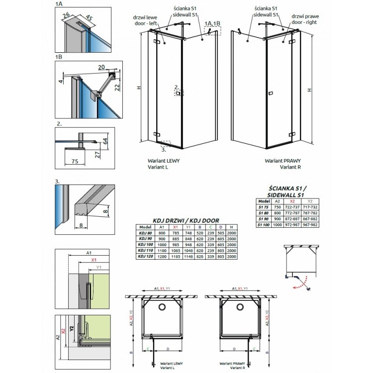 Dušas stūris taisnstūra Radaway Fuenta New KDJ+S 90x90 cm - 384020/4050