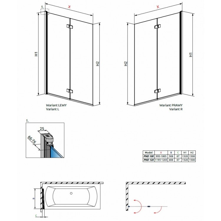 Vannas sieniņa Radaway Funta New PND 100 cm