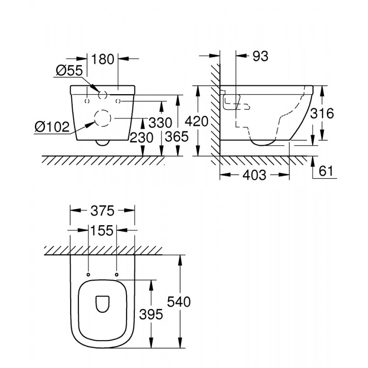 Tualetes pods piekaramais Grohe Euro Ceramic Rimless bez vāka, 39538000