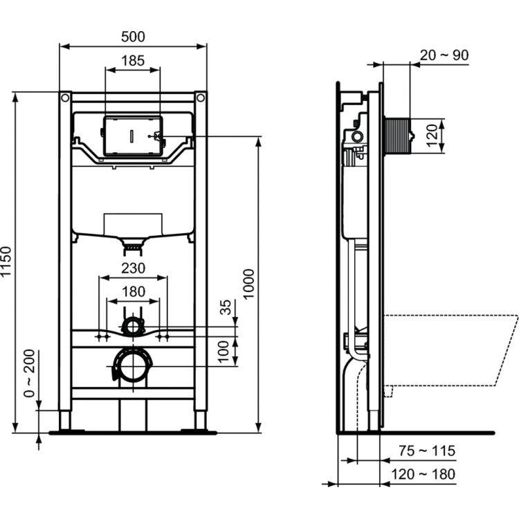 Iebūvējamais rāmis tualetes podam Ideal Standard WC ar melnu pogu,R020467/0121A6 Iebūvējamais rāmis tualetes podam Ideal Standard WC ar melnu pogu,R020467/0121A6