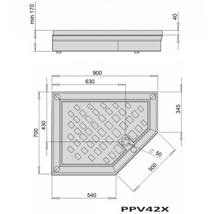 Dušas paliktnis piecstūru PAA PPV 42X 70x90cm, balts