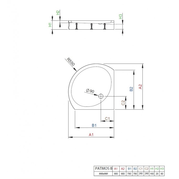 Dušas paliktnis pusapaļš Radaway Patmos B 90x90 ,balts